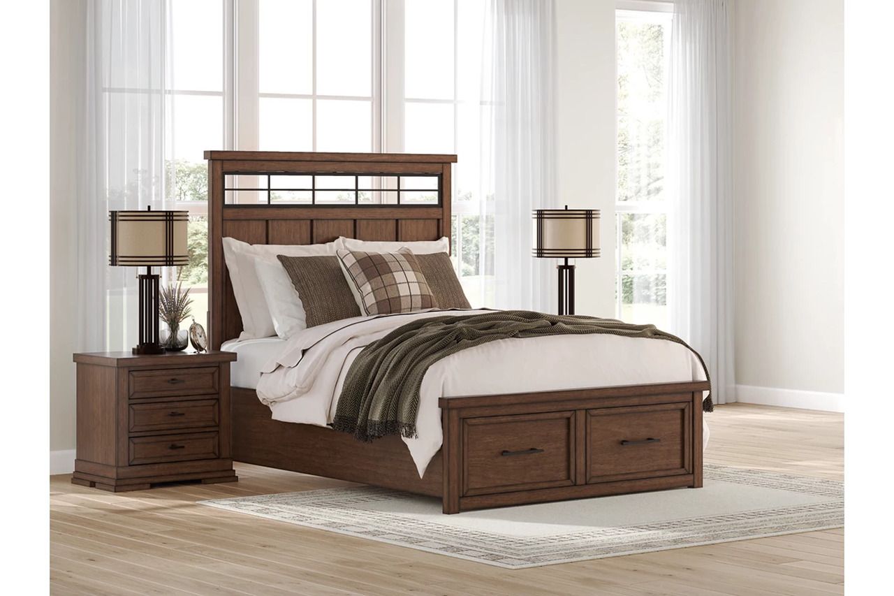 Taffenbrook Queen Panel Storage Bed In Medium Brown B849B2