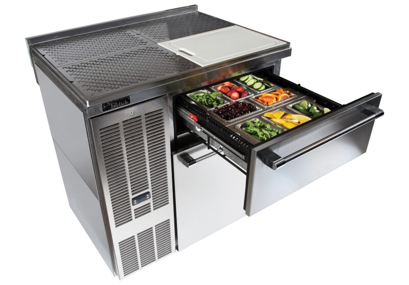 A small yet robust front-facing bar-prep system designed with Tobin Ellis’Zero-Step Bartending approach to increase throughput, reduce labor cost, improve bartender wellness, and enhance hosp BBS36C