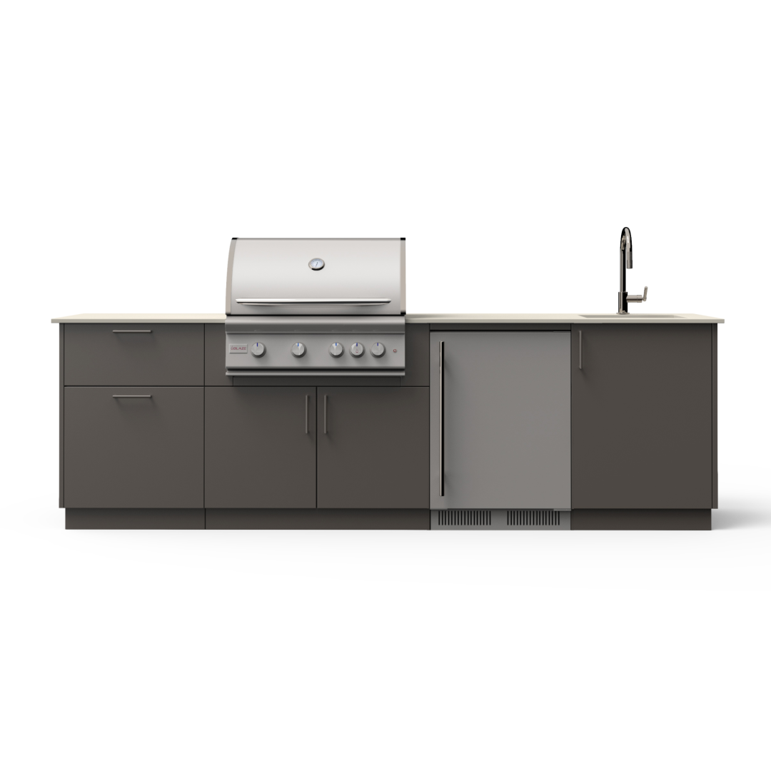 Golden Hour 10-Ft Outdoor Kitchen Island w/ 32-Inch Marine Grade Premium LTE+ BGLDH32GUNKEONLPMG