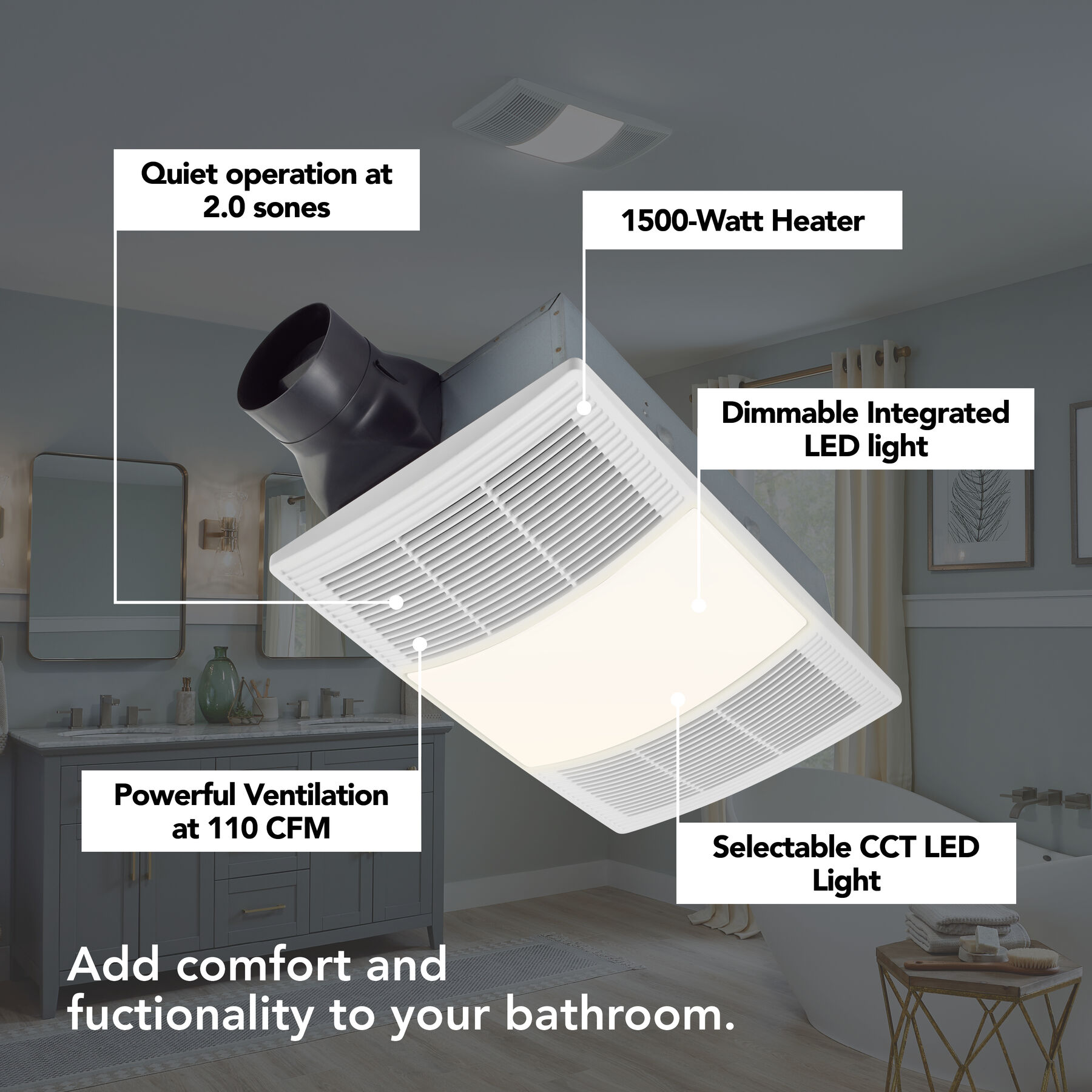 PowerHeat 110 CFM 2.0 Sones Heater Exhaust Fan with CCT LED Lighting BHFLED110