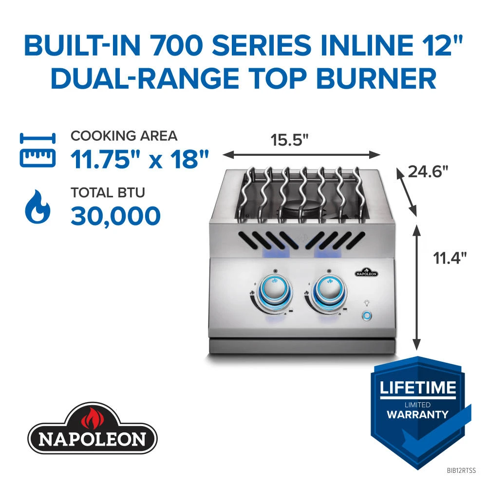 Built-in 700 Series Inline Dual Range Top Burner with Stainless Steel Cover BIB12RTPSS