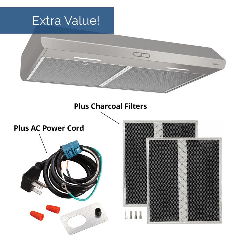 30-Inch Under-Cabinet Convertible Range Hood w/ Charcoal Filters & Cord Kit, 375 Max Blower CFM BKDF130SSK