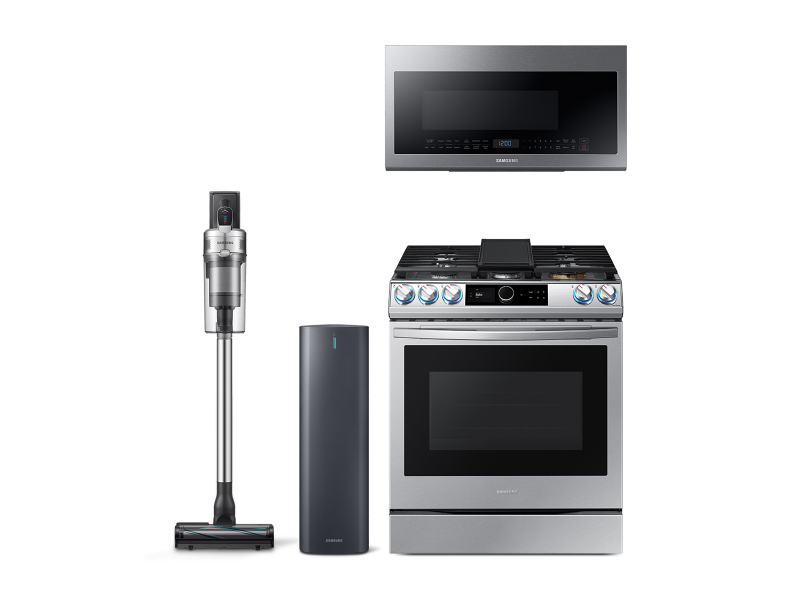 AI Powered Smart Dial Slide-in Gas Range, Sensor Cooking Microwave and Jet 90 Complete Cordless Stick Vacuum with Clean Station package BNDL1629225139361