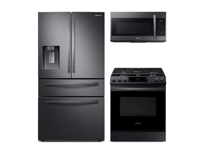 Food Showcase 4-Door French Door Refrigerator, Smart Slide-in Gas Range and Sensor Cooking Microwave all BNDL1629225796942