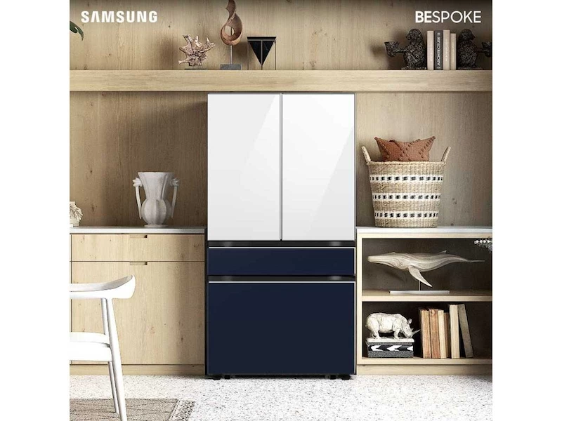 Bespoke 4-Door French Door Refrigerator (23 cu. ft.) with Customizable Door Panel Colors and Beverage Center™ in White Glass Top Panels with Navy Steel Middle and Bottom Panel BNDL16473776136