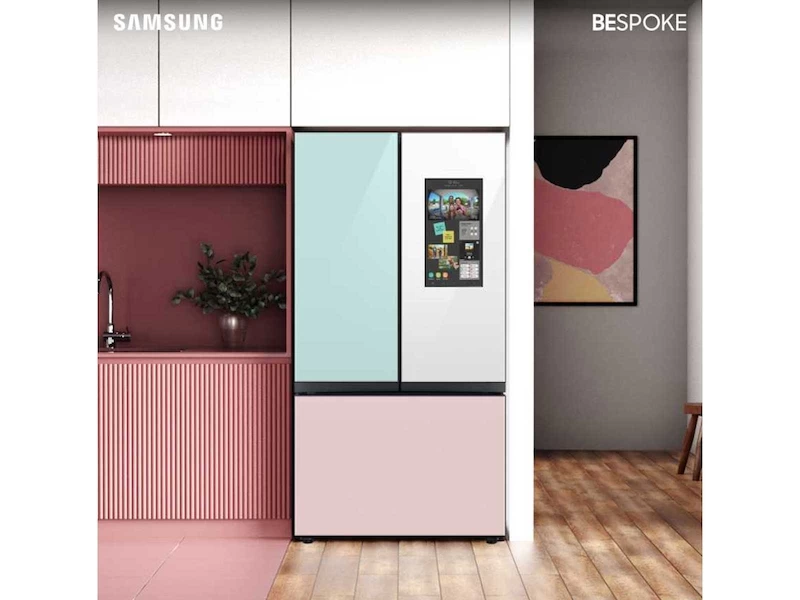Bespoke 3-Door French Door Refrigerator (30 cu. ft.) - with Top Left Panel in Morning Blue Glass, Family Hub Panel in White Glass - and Pink Glass Bottom Door Panel BNDL1648162969043