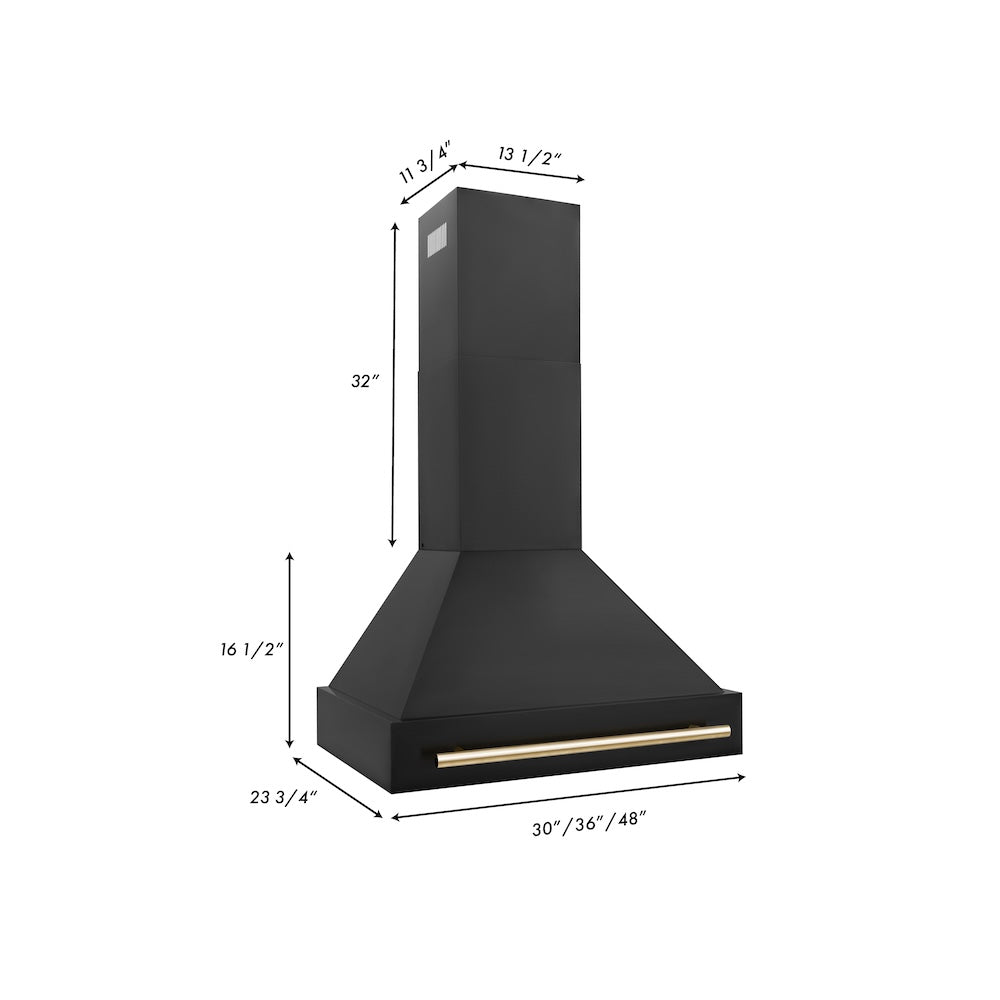30" Convertible Wall Mount Range Hood in Black Stainless Steel with Gold Handle BS655Z30G