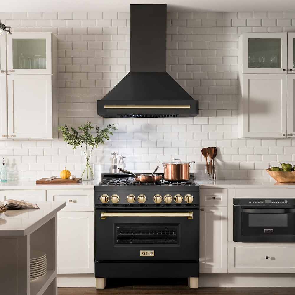 Autograph Edition 36 In. Black Stainless Steel Range Hood With Polished Gold Handle BS655Z36G