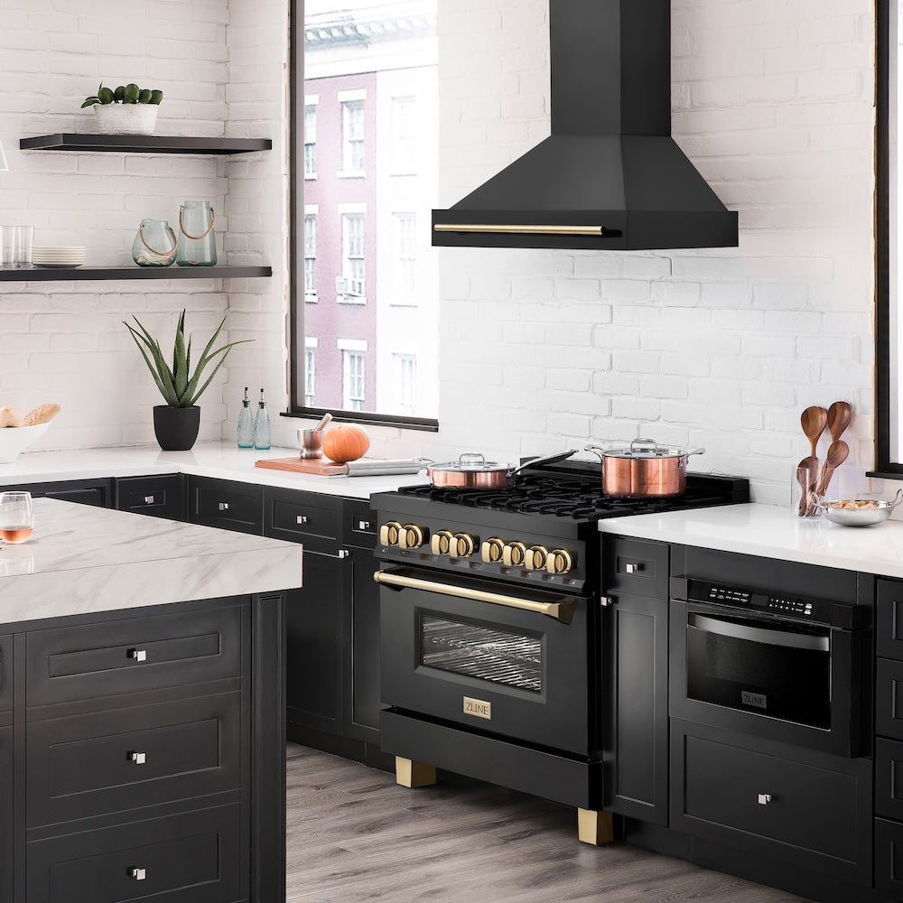 Autograph Edition 36 In. Black Stainless Steel Range Hood With Polished Gold Handle BS655Z36G