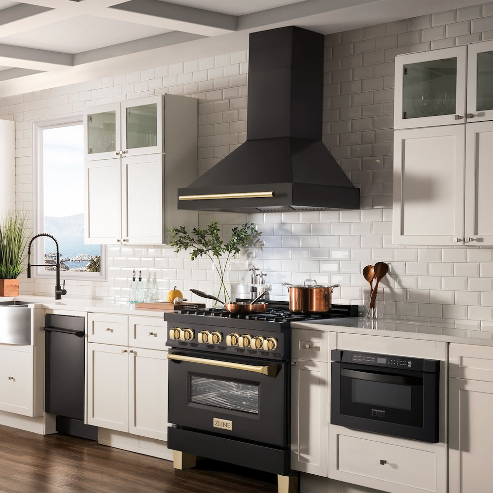 Autograph Edition 36 In. Black Stainless Steel Range Hood With Polished Gold Handle BS655Z36G