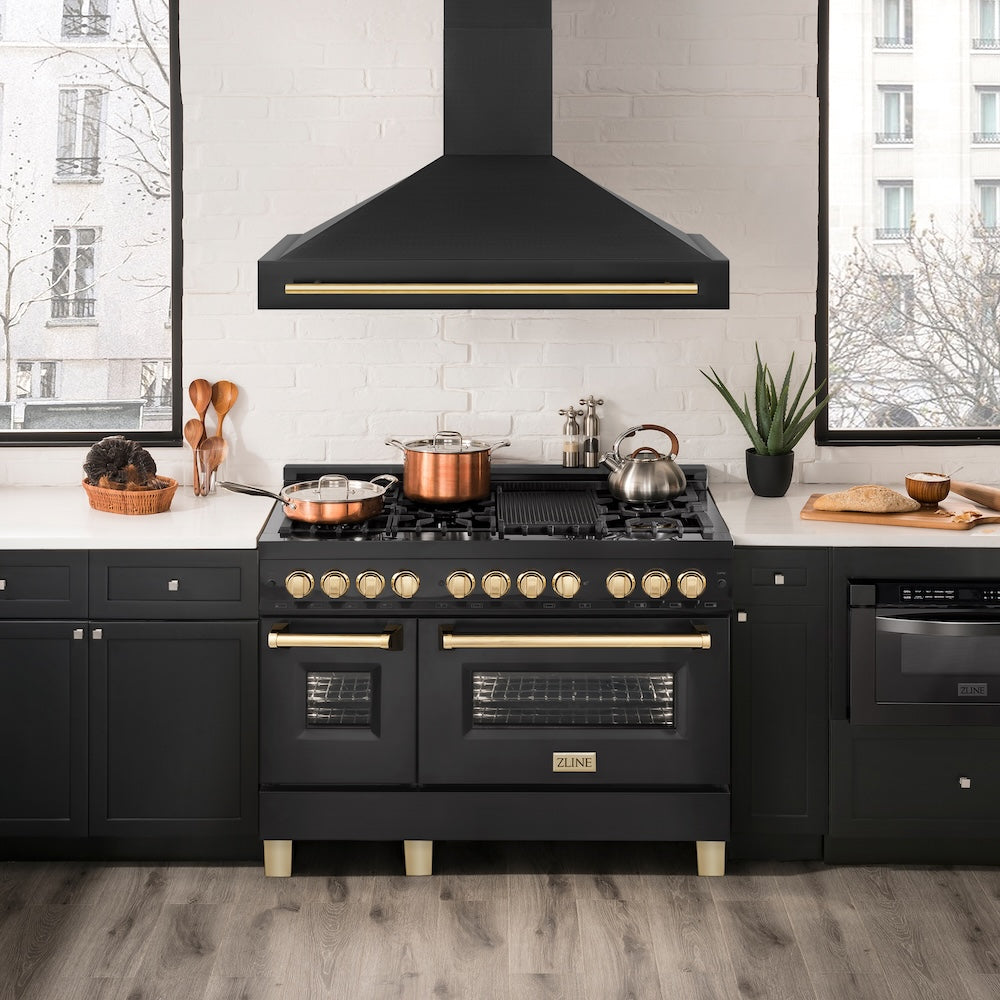 Autograph Edition 48 In. Black Stainless Steel Range Hood With Polished Gold Handle BS655Z48G