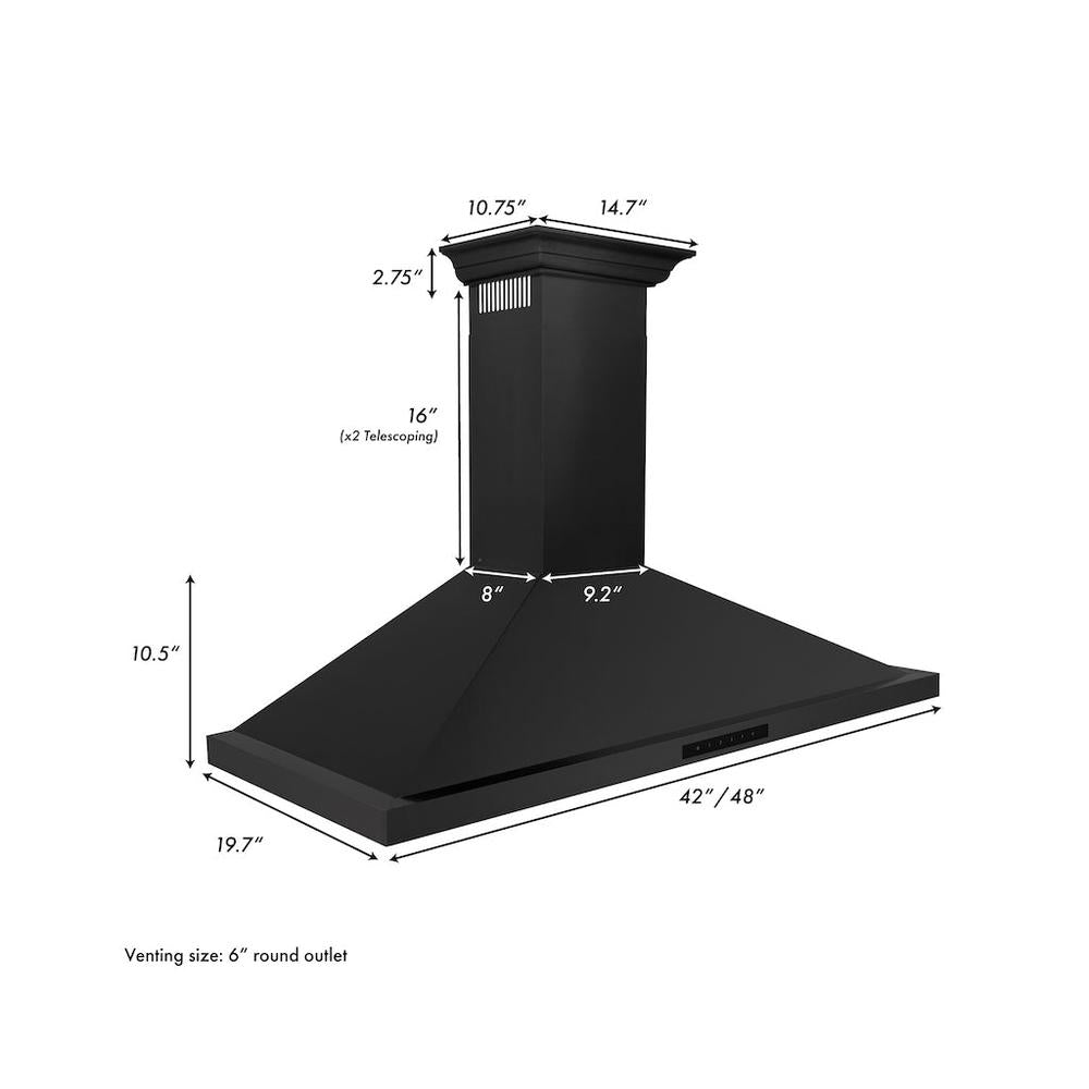 42"Convertible Vent Wall Mount Range Hood in Black Stainless Steel with Crown Molding BSKBNCRN42