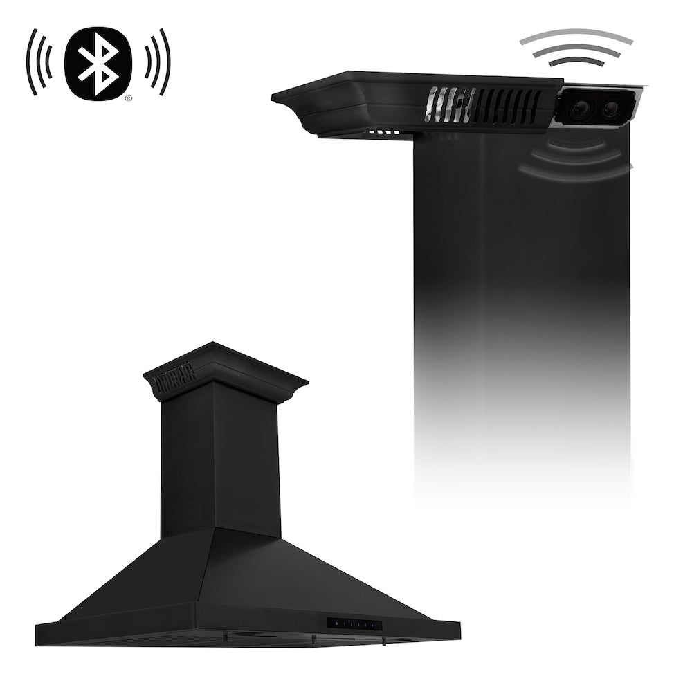 36 In. Crownsound™ Ducted Vent Wall Mount Range Hood In Black Stainless Steel With Built-in Bluetooth Speakers BSKBNCRNBT36