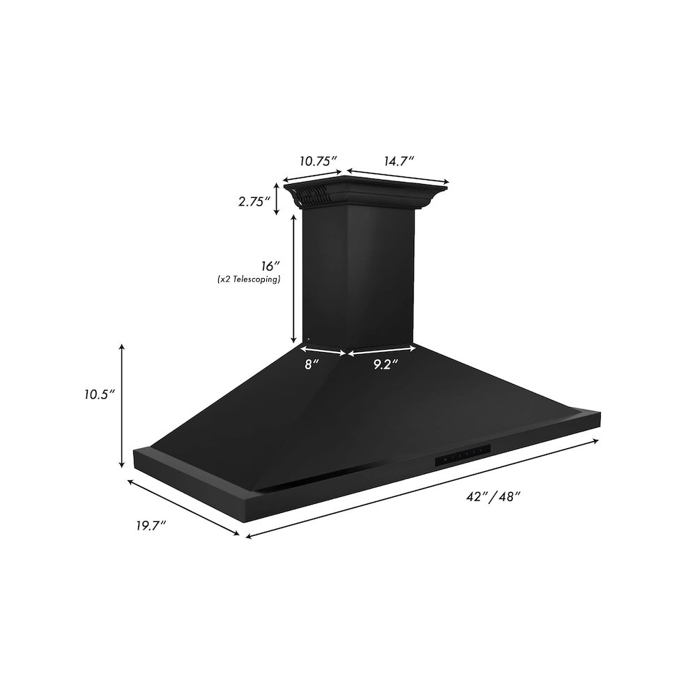 48 In. Crownsound™ Ducted Vent Wall Mount Range Hood In Black Stainless Steel With Built-in Bluetooth Speakers BSKBNCRNBT48