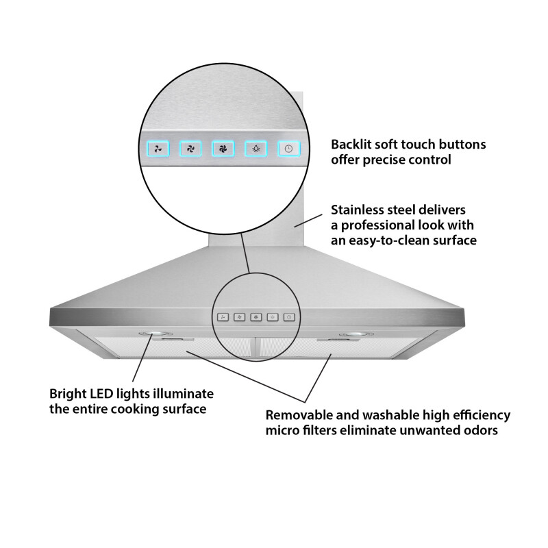 30-Inch Convertible Wall-Mount Pyramidal Chimney Range Hood, 450 Max CFM view 3
