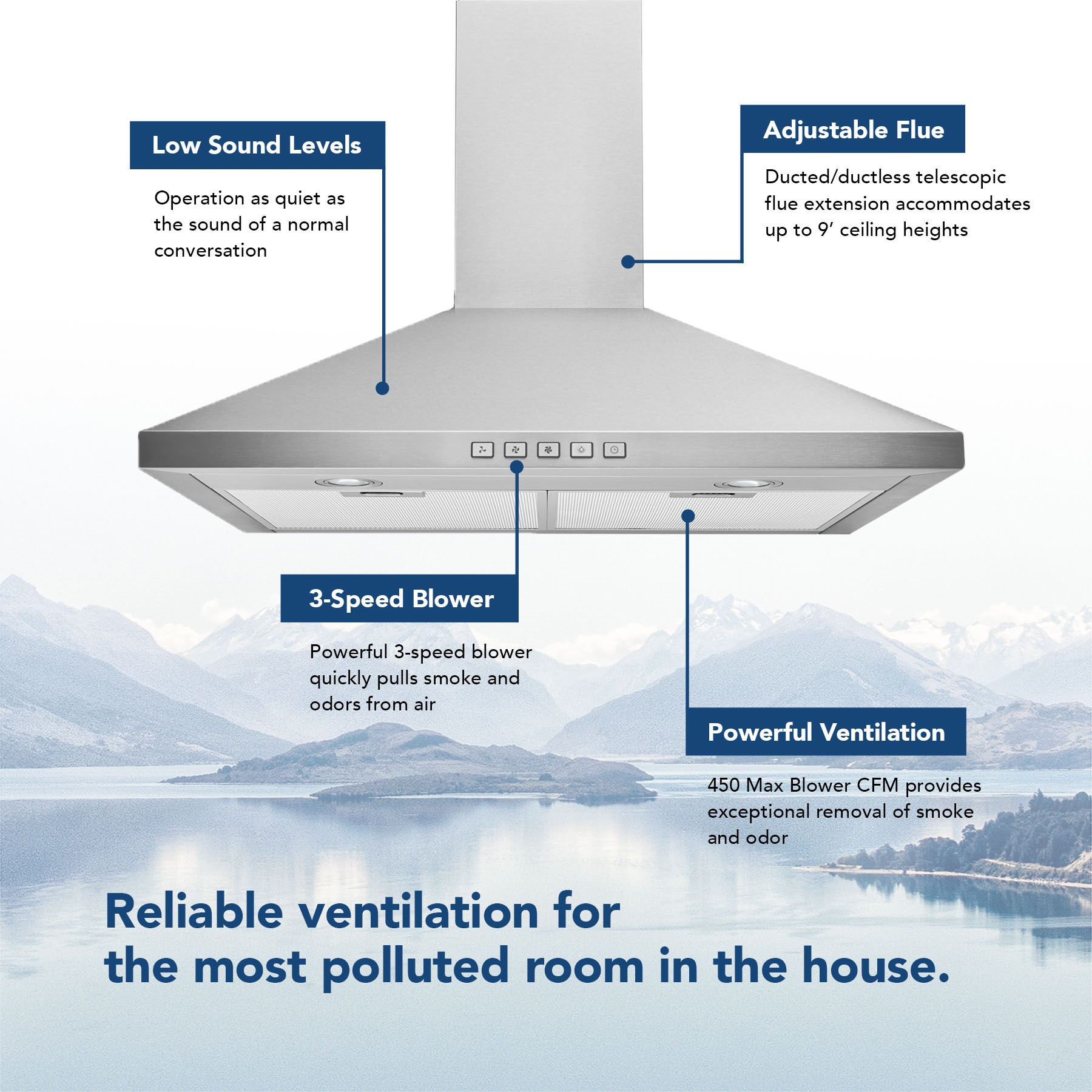 36-Inch Convertible Wall-Mount Pyramidal Chimney Range Hood, 450 Max CFM view 2