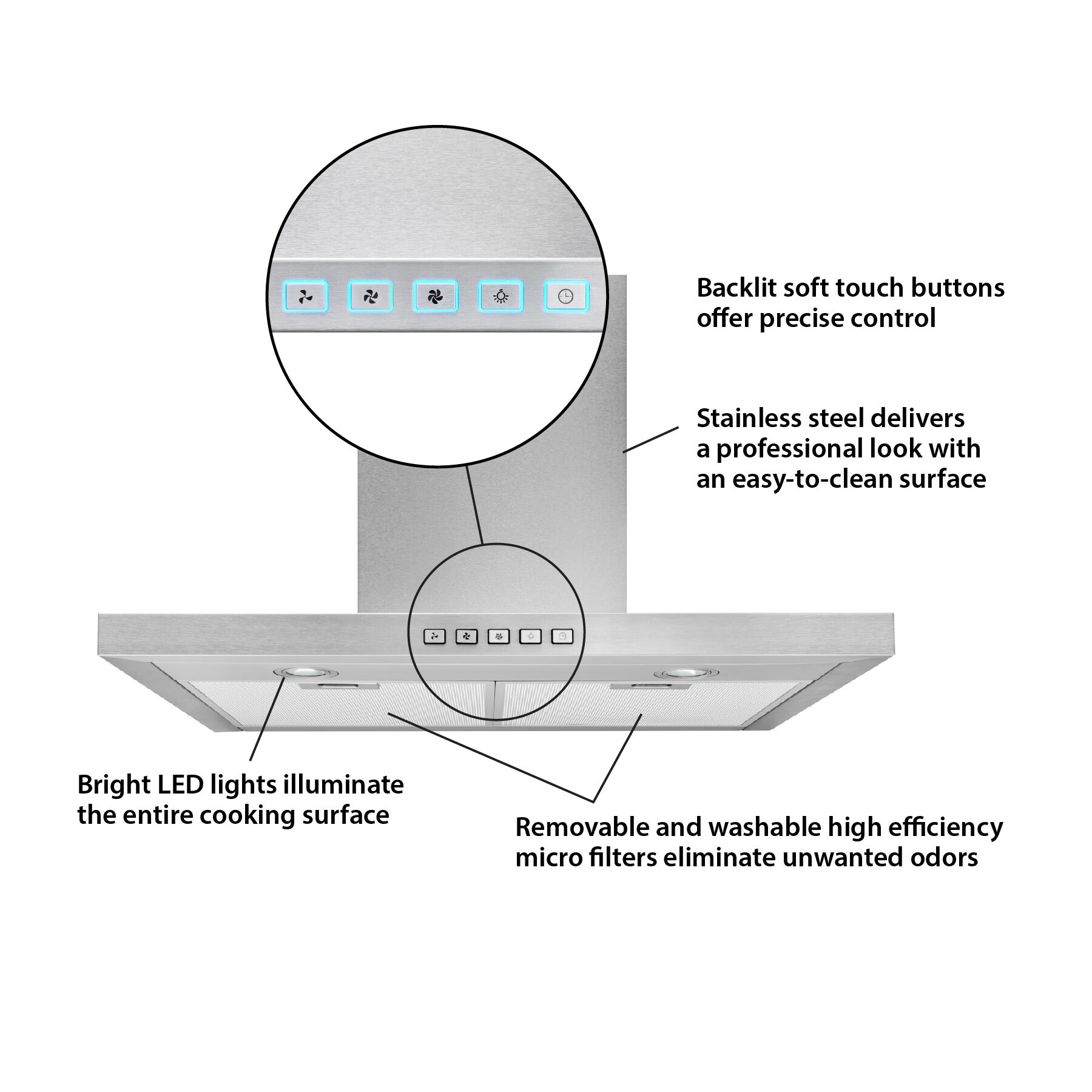 30-Inch Convertible Wall-Mount T-Style Chimney Range Hood, 450 Max CFM BWT1304SS
