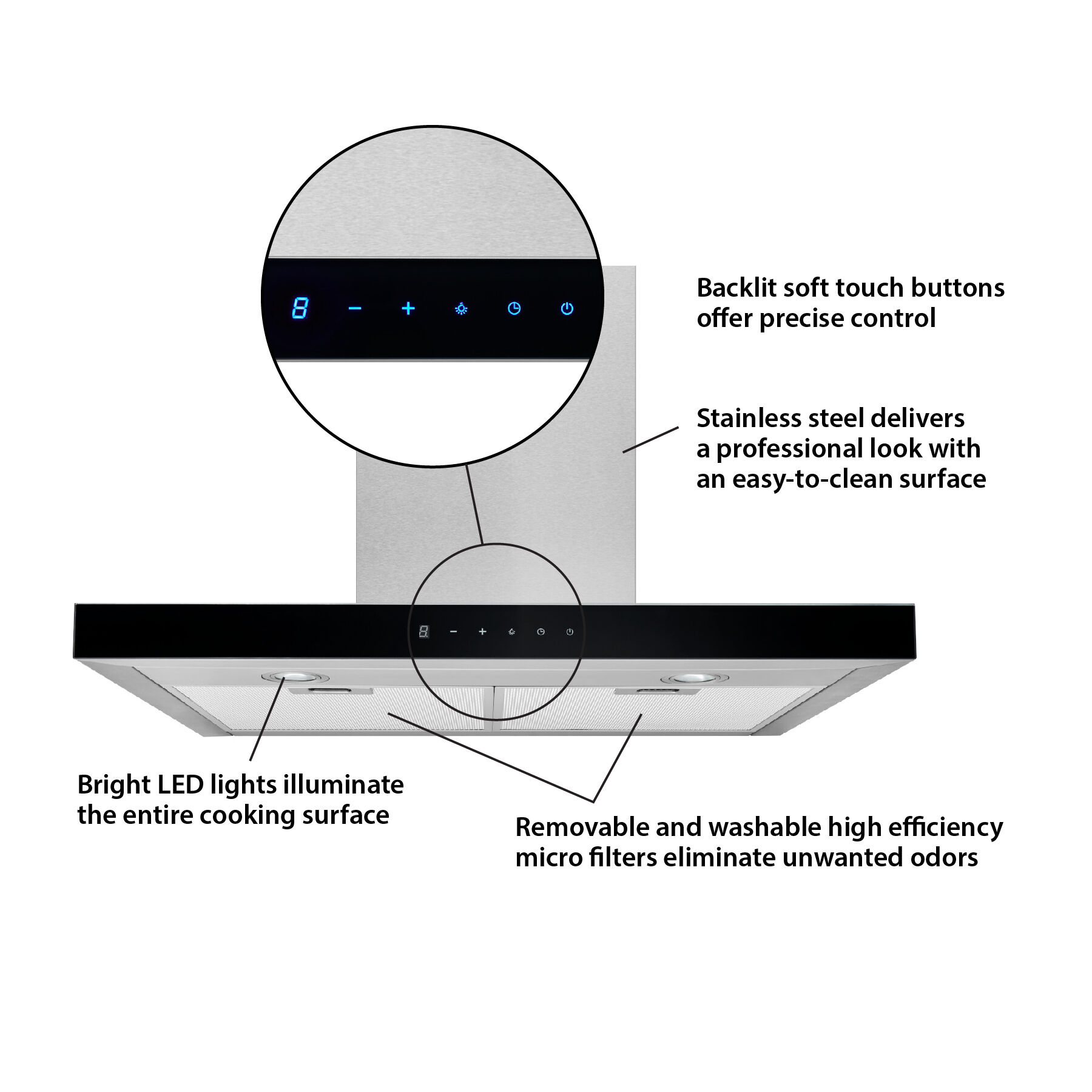 30-Inch Convertible Wall-Mount T-Style Chimney Range Hood, 450 Max CFM w/Black Glass BWT1304SSB