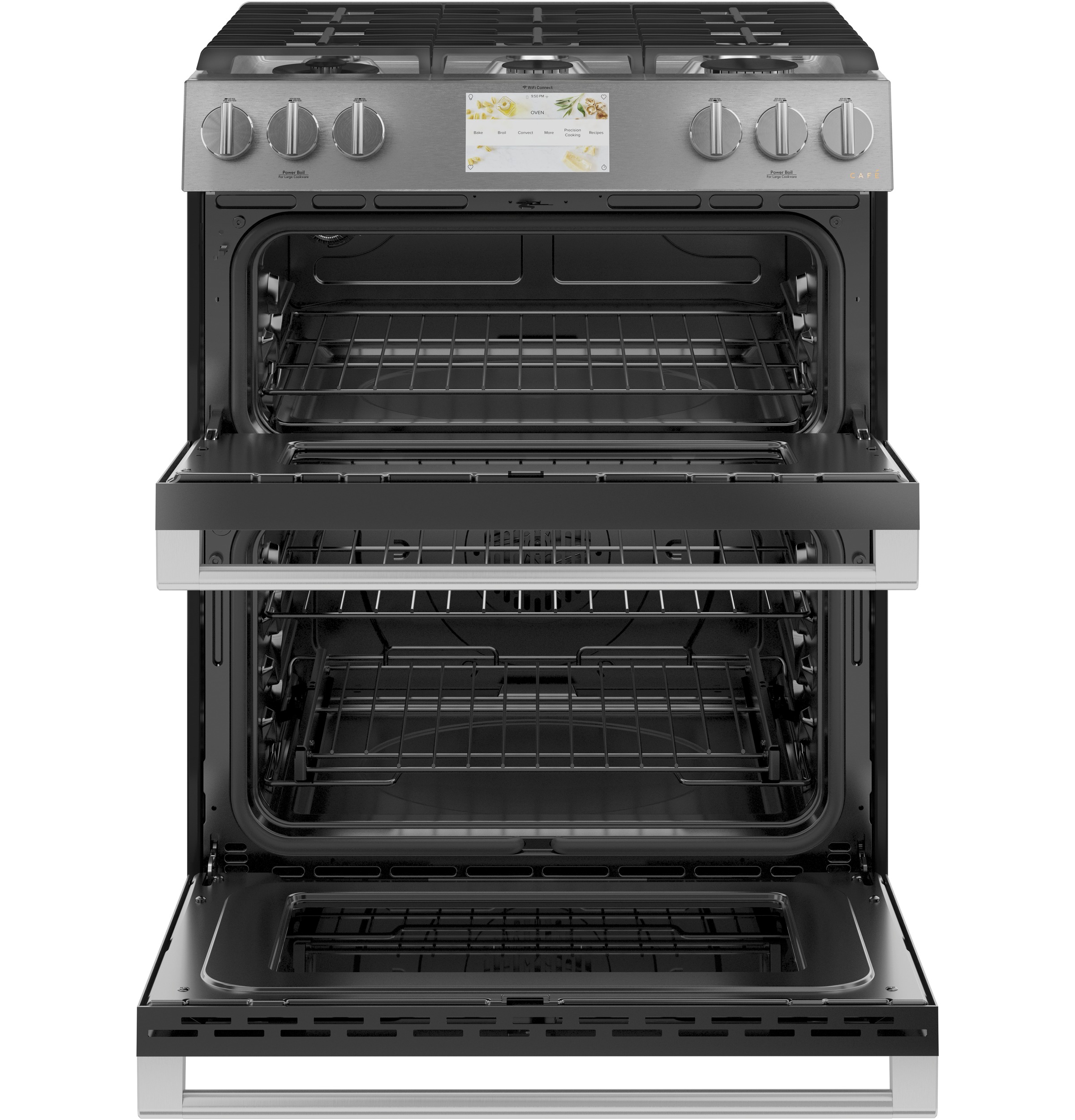 CAFÉ™ 30" Smart Slide-In, Front-Control, Dual-Fuel, Double-Oven Range with Convection in Platinum Glass C2S950M2NS5