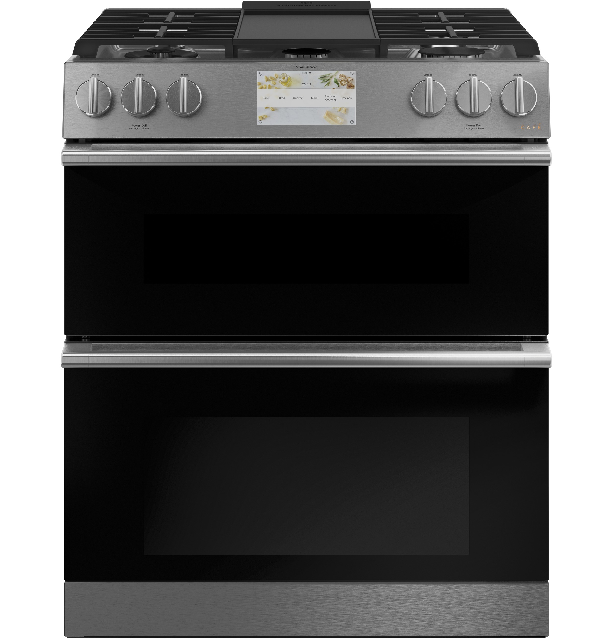 CAFÉ™ 30" Smart Slide-In, Front-Control, Dual-Fuel, Double-Oven Range with Convection in Platinum Glass C2S950M2NS5