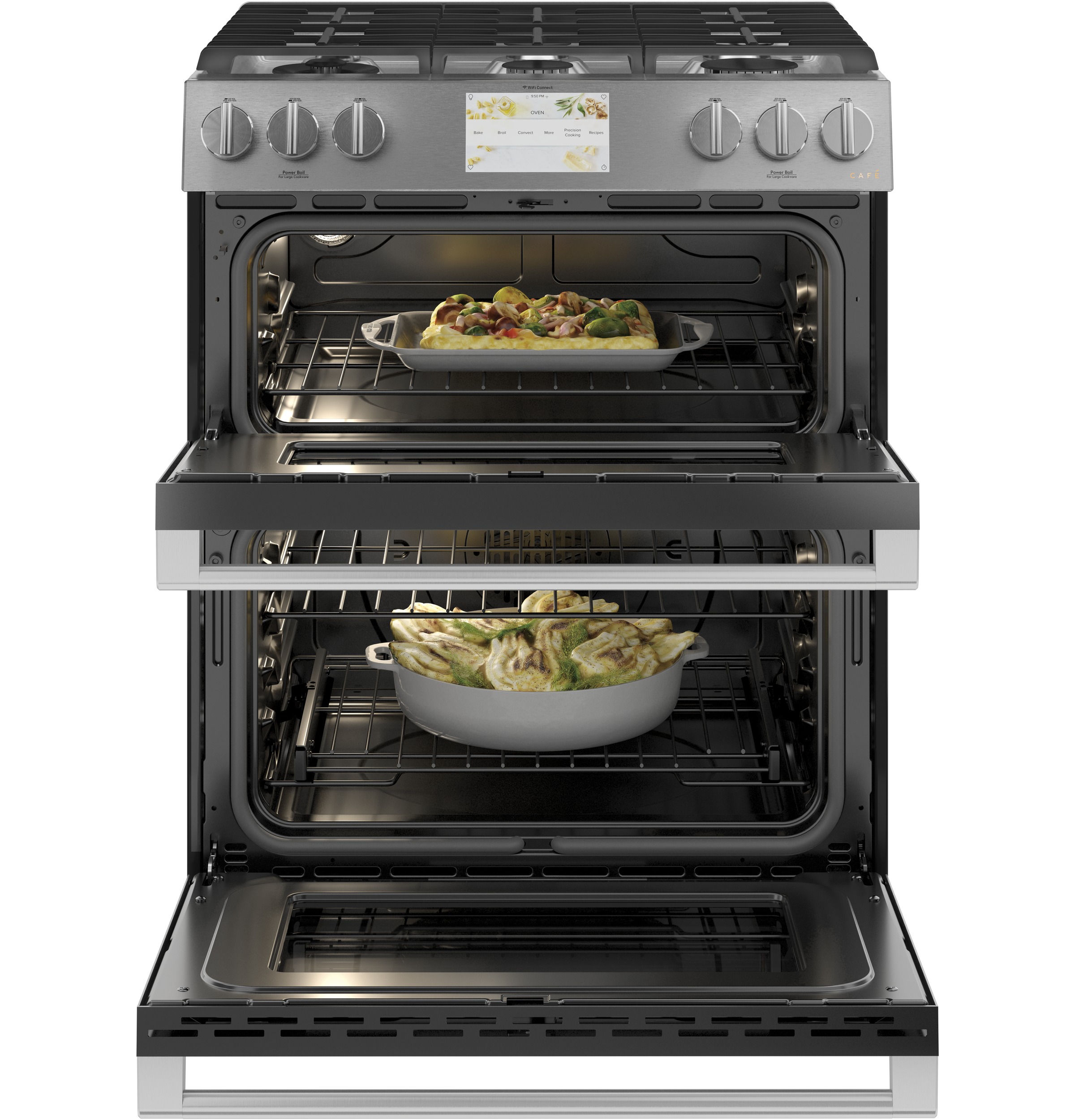 CAFÉ™ 30" Smart Slide-In, Front-Control, Dual-Fuel, Double-Oven Range with Convection in Platinum Glass C2S950M2NS5