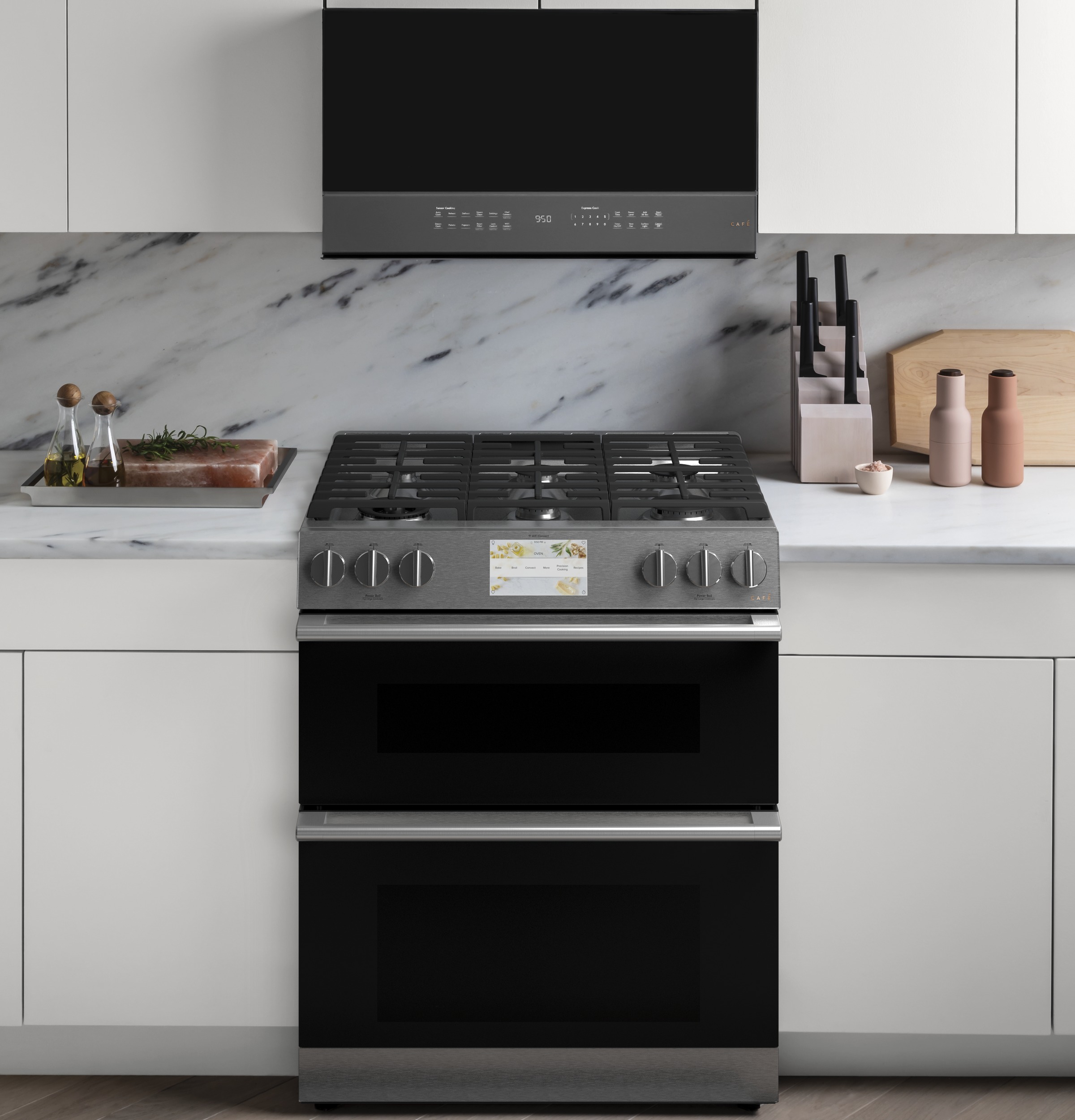 CAFÉ™ 30" Smart Slide-In, Front-Control, Dual-Fuel, Double-Oven Range with Convection in Platinum Glass C2S950M2NS5