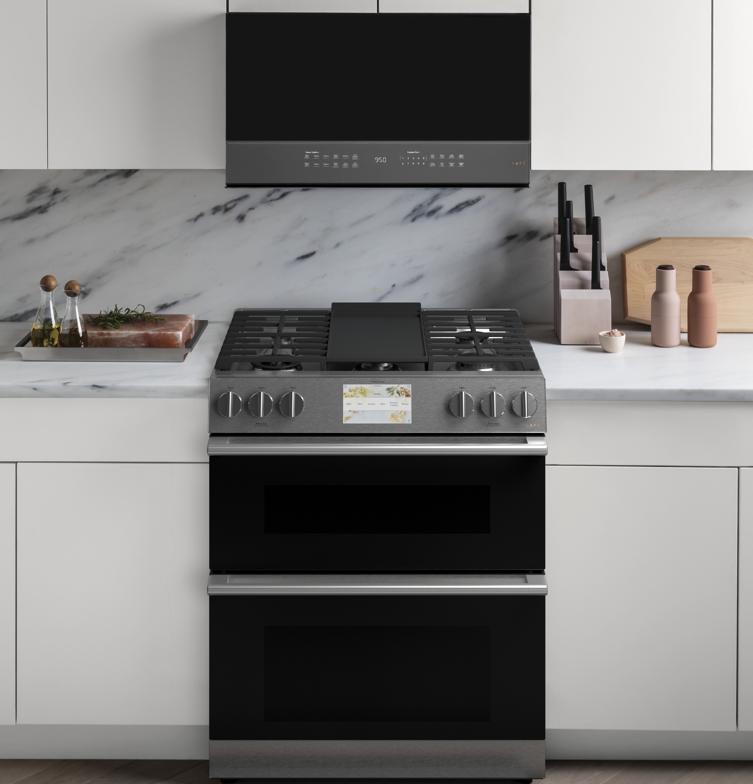 CAFÉ™ 30" Smart Slide-In, Front-Control, Dual-Fuel, Double-Oven Range with Convection in Platinum Glass C2S950M2NS5