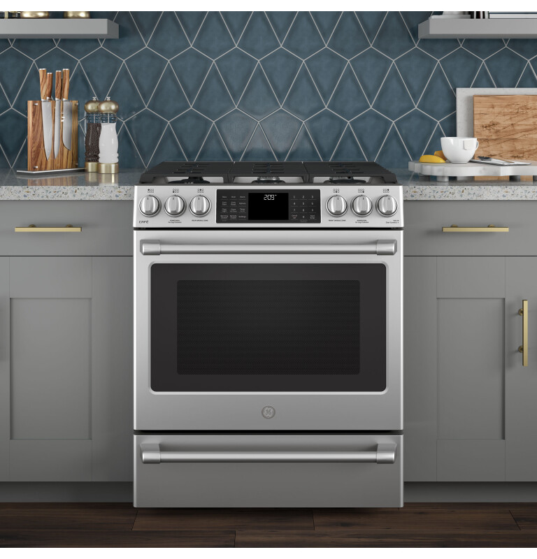 Café Series 30" Slide-in Front Control Dual-fuel Range With Warming Drawer C2S986SELSS