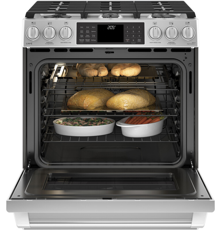 Café Series 30" Slide-in Front Control Dual-fuel Range With Warming Drawer C2S986SELSS