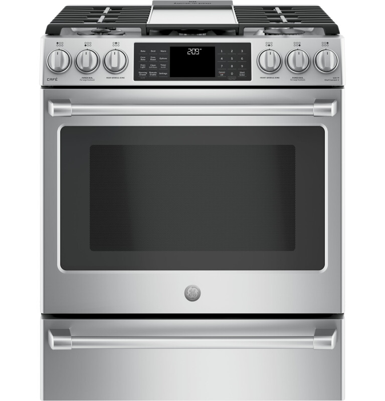 Café Series 30" Slide-in Front Control Dual-fuel Range With Warming Drawer C2S986SELSS