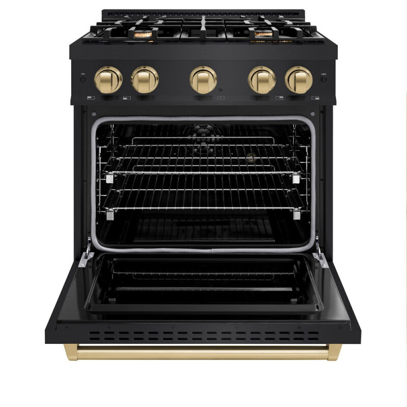 Autograph Edition 30 In. 4.2 Cu. Ft. Classic Dual Fuel Range With 4 Burner Gas Cooktop And Electric Convection Oven In Black Stainless Steel With Champagne Bronze Accents CDRBZ30CB