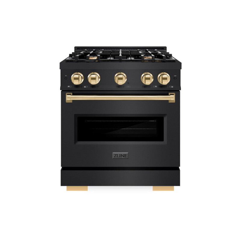Autograph Edition 30 In. 4.2 Cu. Ft. Classic Dual Fuel Range With 4 Burner Gas Cooktop And Electric Convection Oven In Black Stainless Steel With Polished Gold Accents CDRBZ30G