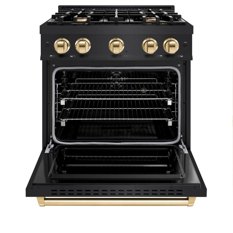 Autograph Edition 30 In. 4.2 Cu. Ft. Classic Dual Fuel Range With 4 Burner Gas Cooktop And Electric Convection Oven In Black Stainless Steel With Polished Gold Accents CDRBZ30G