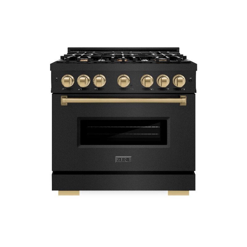 Autograph Edition 36 In. 5.2 Cu. Ft. Classic Dual Fuel Range With 6 Burner Gas Cooktop And Electric Convection Oven In Black Stainless Steel With Champagne Bronze Accents CDRBZ36CB