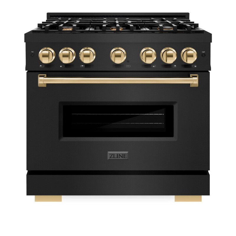 Autograph Edition 36 In. 5.2 Cu. Ft. Classic Dual Fuel Range With 6 Burner Gas Cooktop And Electric Convection Oven In Black Stainless Steel With Polished Gold Accents CDRBZ36G