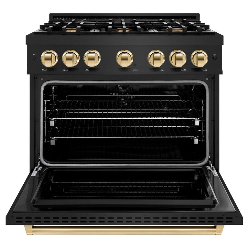 Autograph Edition 36 In. 5.2 Cu. Ft. Classic Dual Fuel Range With 6 Burner Gas Cooktop And Electric Convection Oven In Black Stainless Steel With Polished Gold Accents CDRBZ36G