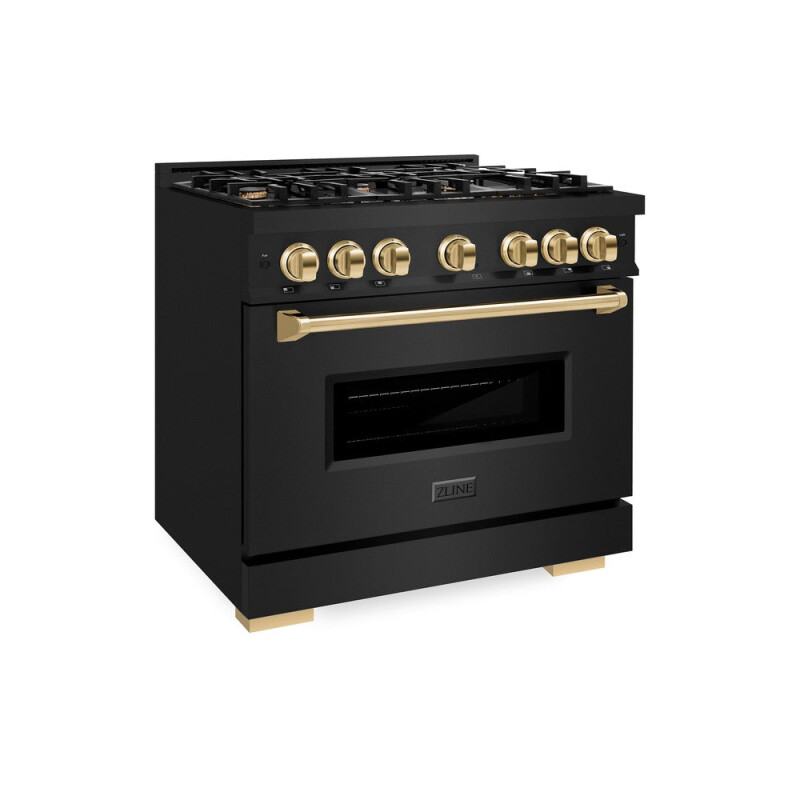 ZLINE Autograph Edition 36 in. 5.2 cu. ft. Classic Dual Fuel Range with 6 Burner Gas Cooktop and Electric Convection Oven in Black Stainless Steel with Polished Gold Accents (CDRBZ-36-G) CDRB