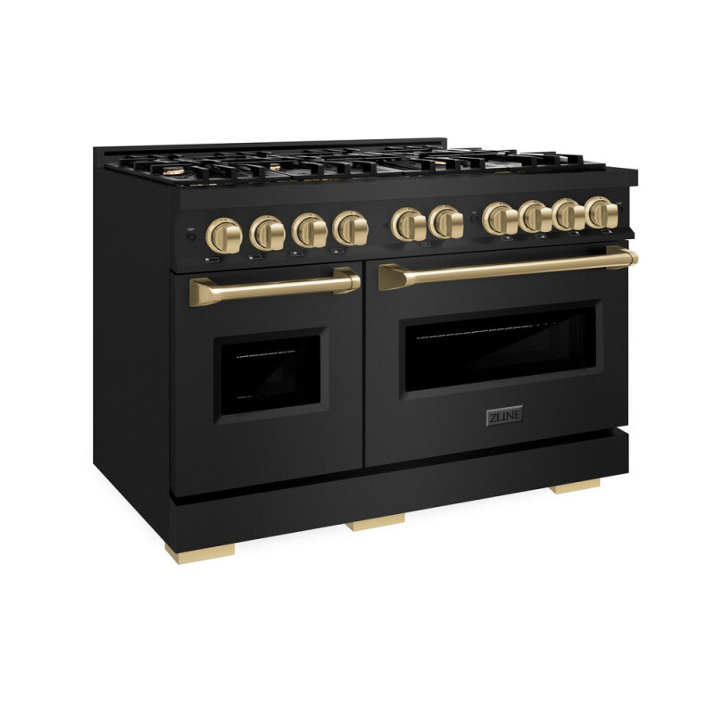 Autograph Edition 48 In. 6.7 Cu. Ft. Classic Double Oven Dual Fuel Range With 8 Burner Gas Cooktop In Black Stainless Steel And Champagne Bronze Accents CDRBZ48CB