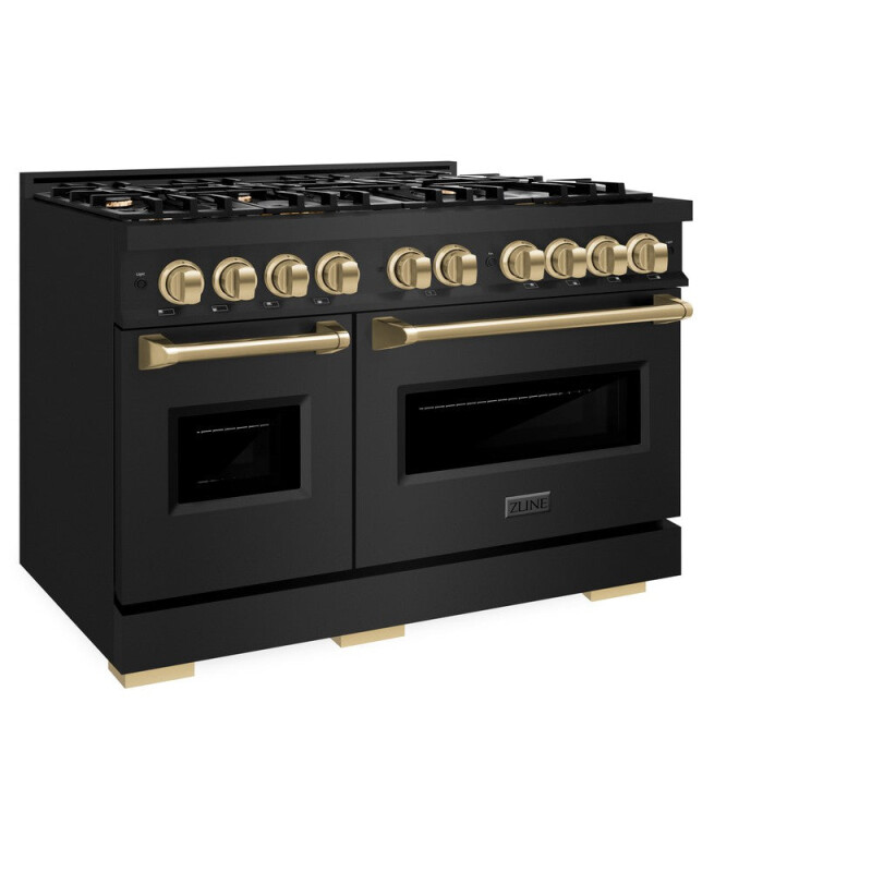 Autograph Edition 48 In. 6.7 Cu. Ft. Classic Double Oven Dual Fuel Range With 8 Burner Gas Cooktop In Black Stainless Steel And Champagne Bronze Accents CDRBZ48CB