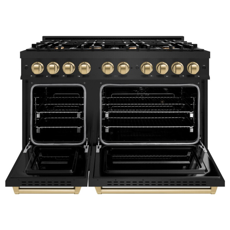 Autograph Edition 48 In. 6.7 Cu. Ft. Classic Double Oven Dual Fuel Range With 8 Burner Gas Cooktop In Black Stainless Steel And Champagne Bronze Accents CDRBZ48CB