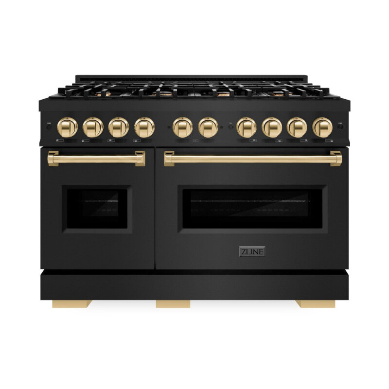 Autograph Edition 48 In. 6.7 Cu. Ft. Classic Double Oven Dual Fuel Range With 8 Burner Gas Cooktop In Black Stainless Steel And Polished Gold Accents CDRBZ48G