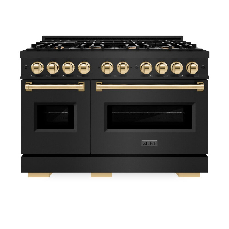 Autograph Edition 48 In. 6.7 Cu. Ft. Classic Double Oven Dual Fuel Range With 8 Burner Gas Cooktop In Black Stainless Steel And Polished Gold Accents CDRBZ48G