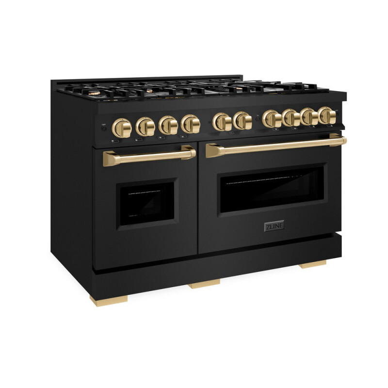 ZLINE Autograph Edition 48 in. 6.7 cu. ft. Classic Double Oven Dual Fuel Range with 8 Burner Gas Cooktop in Black Stainless Steel and Polished Gold Accents (CDRBZ-48-G) CDRBZ48G