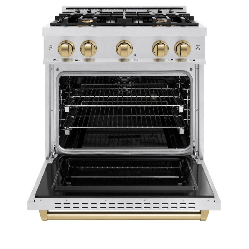 Autograph Edition 30 In. 4.2 Cu. Ft. Classic Dual Fuel Range With 4 Burner Gas Cooktop And Electric Convection Oven In Satin Stainless Steel With Champagne Bronze Accents CDRSZ30CB