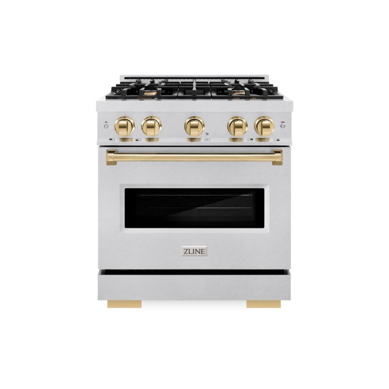 Autograph Edition 30 In. 4.2 Cu. Ft. Classic Dual Fuel Range With 4 Burner Gas Cooktop And Electric Convection Oven In Satin Stainless Steel With Polished Gold Accents CDRSZ30G