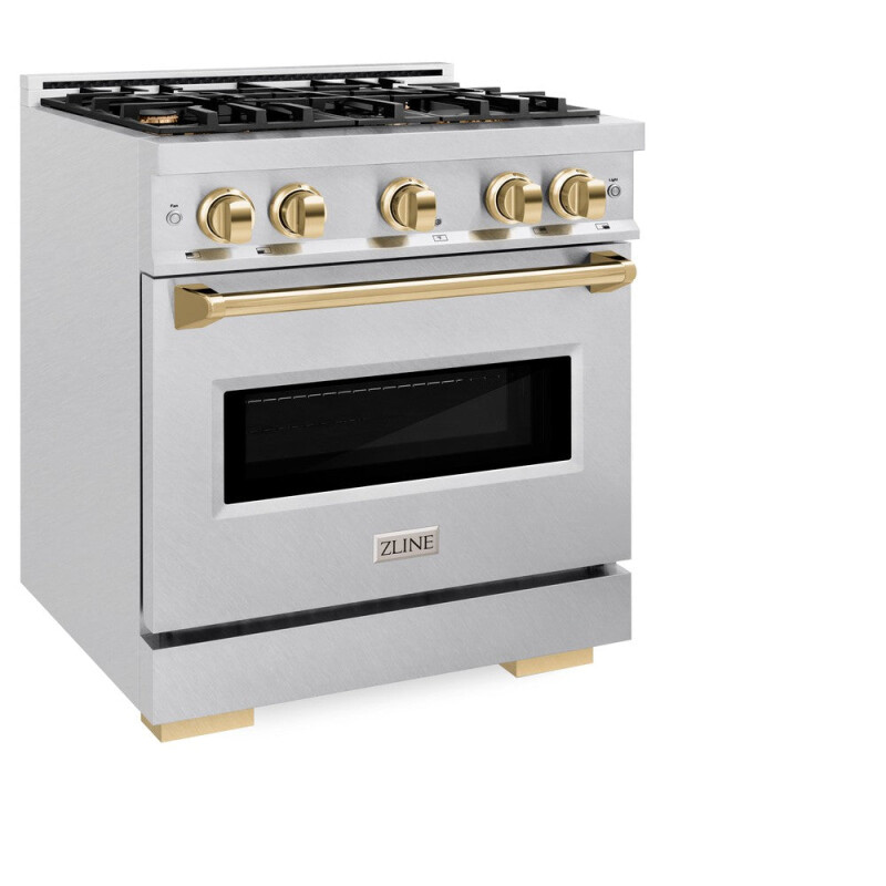 Autograph Edition 30 In. 4.2 Cu. Ft. Classic Dual Fuel Range With 4 Burner Gas Cooktop And Electric Convection Oven In Satin Stainless Steel With Polished Gold Accents CDRSZ30G