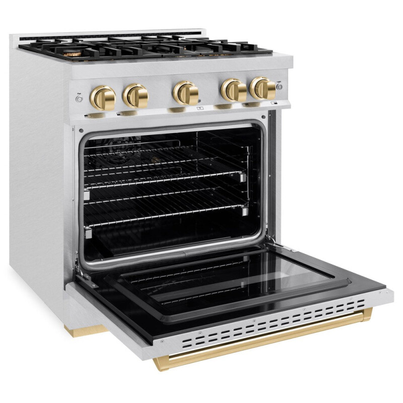 Autograph Edition 30 In. 4.2 Cu. Ft. Classic Dual Fuel Range With 4 Burner Gas Cooktop And Electric Convection Oven In Satin Stainless Steel With Polished Gold Accents CDRSZ30G