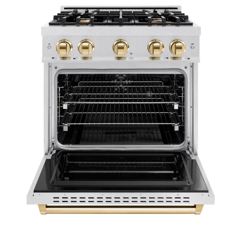 Autograph Edition 30 In. 4.2 Cu. Ft. Classic Dual Fuel Range With 4 Burner Gas Cooktop And Electric Convection Oven In Satin Stainless Steel With Polished Gold Accents CDRSZ30G