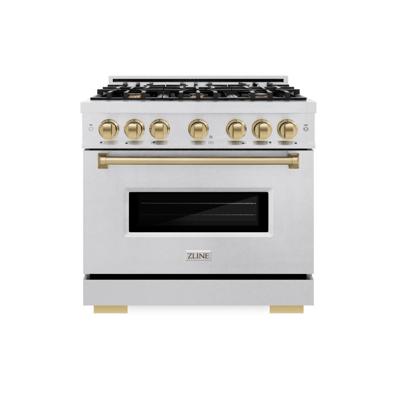 Autograph Edition 36 In. 5.2 Cu. Ft. Classic Dual Fuel Range With 6 Burner Gas Cooktop And Electric Convection Oven In Satin Stainless Steel With Champagne Bronze Accents CDRSZ36CB