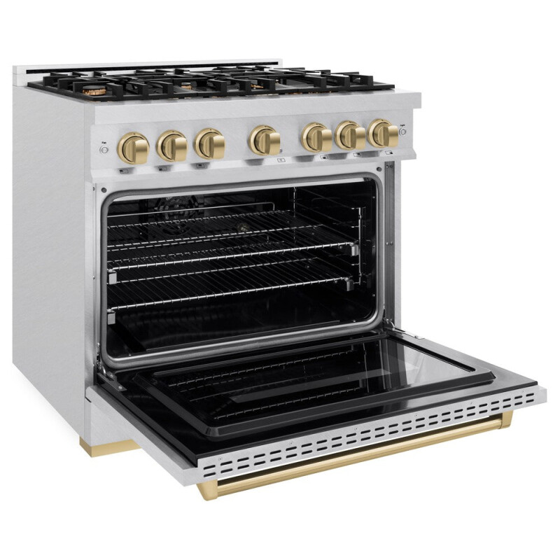 Autograph Edition 36 In. 5.2 Cu. Ft. Classic Dual Fuel Range With 6 Burner Gas Cooktop And Electric Convection Oven In Satin Stainless Steel With Champagne Bronze Accents CDRSZ36CB